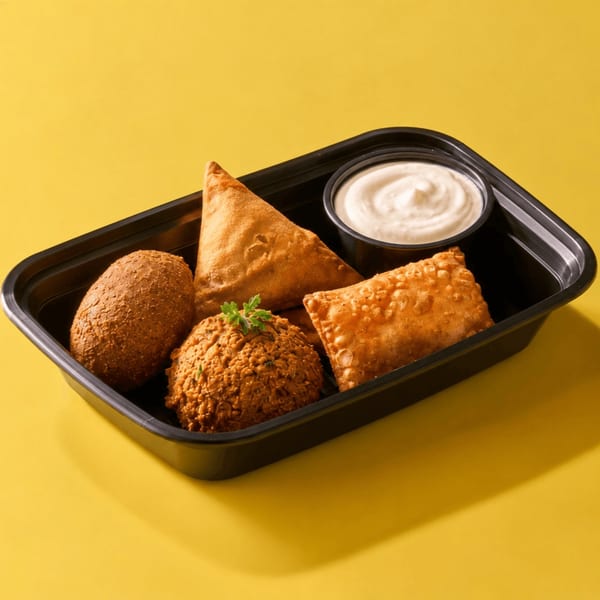 Assortment of golden-brown fried appetizers and white dipping sauce in a black to-go container.