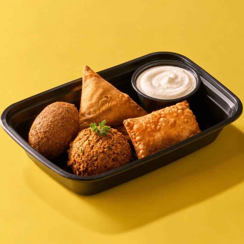Assortment of golden-brown fried appetizers and white dipping sauce in a black to-go container.