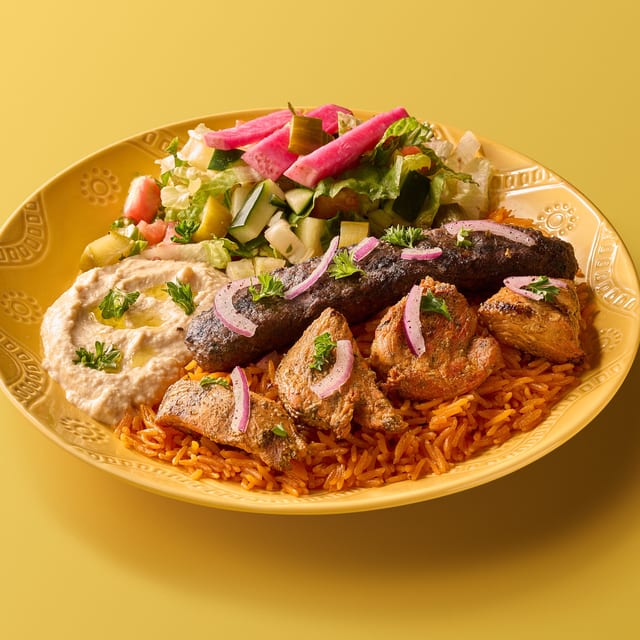 Half Egyptian Kofta Kabob / Half Chicken Kabob.